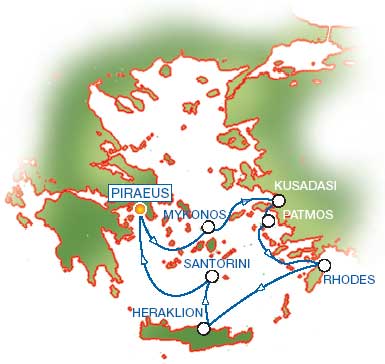 4-Day Golden Classic - Piraeus - Athens (Greece), Mykonos (Greece), Kusadasi - Ephessos (Turkey), Patmos (Greece), Rhodes (Greece), Heraklion - Crete (Greece), Santorini (Greece), Piraeus- Athens (Greece).
