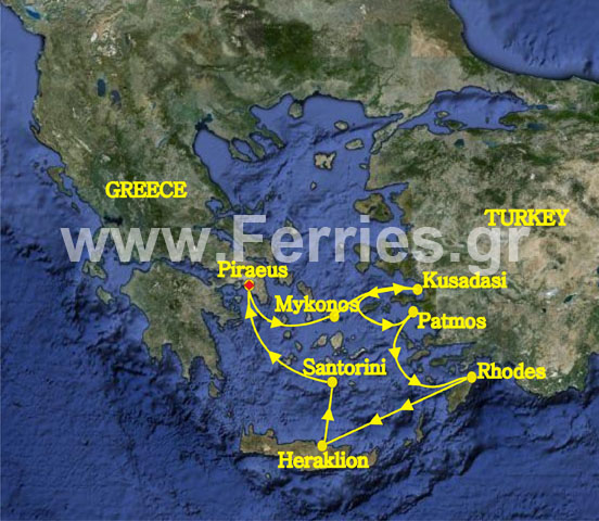 4 Days Aegean Classic Cruise from Piraeus - Athens (Greece), Mykonos (Greece), Kusadasi - Ephessos (Turkey), Patmos (Greece), Rhodes (Greece), Heraklion - Crete (Greece), Santorini (Greece), Piraeus- Athens (Greece).