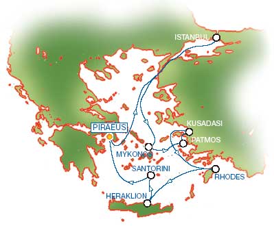 7-Day Cruise to Aegean islands and Turkey. From Piraeus (Athens) Greece to Istanbul (Turkey), Mykonos (Greece), Patmos (Greece), Kusadasi (Ephessos) Turkey, Rhodes (Greece), Heraklion (Crete) Greece, Santorini (Greece), Piraeus (Athens).