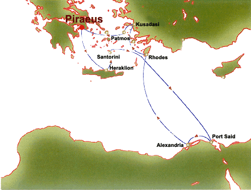 7-Day Cruise from Piraeus (Greece) to : Heraklion (Greece), Santorini (Greece), Port Said (Egypt), Alexandria (Egypt), Rhodes (Greece), Kusadasi - Ephessos (Turkey), Patmos (Greece), Piraeus.