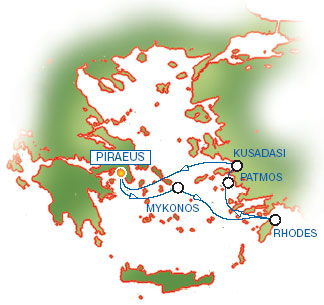 3-Day Cruise to Aegean islands and Turkey. From Piraeus - Athens (Greece) to Mykonos (Greece), Rhodes (Greece), Patmos (Greece), Kusadasi - Ephessos (Turkey), Piraeus.