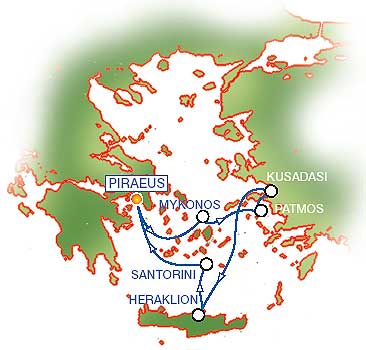 3-Day Cruise to Aegean islands and Turkey. From Piraeus - Athens (Greece) to Mykonos (Greece), Patmos (Greece), Kusadasi - Ephessos (Turkey), Heraklion (Greece),  Santorini (Greece), Piraeus - Athens (Greece).
