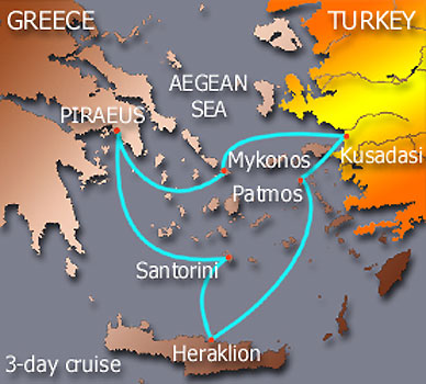 3-Day Golden Splendour -  Piraeus - Athens (Greece), Mykonos (Greece), Kusadasi - Ephessos (Turkey), Patmos (Greece),�Heraklion - Crete (Greece), Santorini (Greece), Piraeus- Athens (Greece).