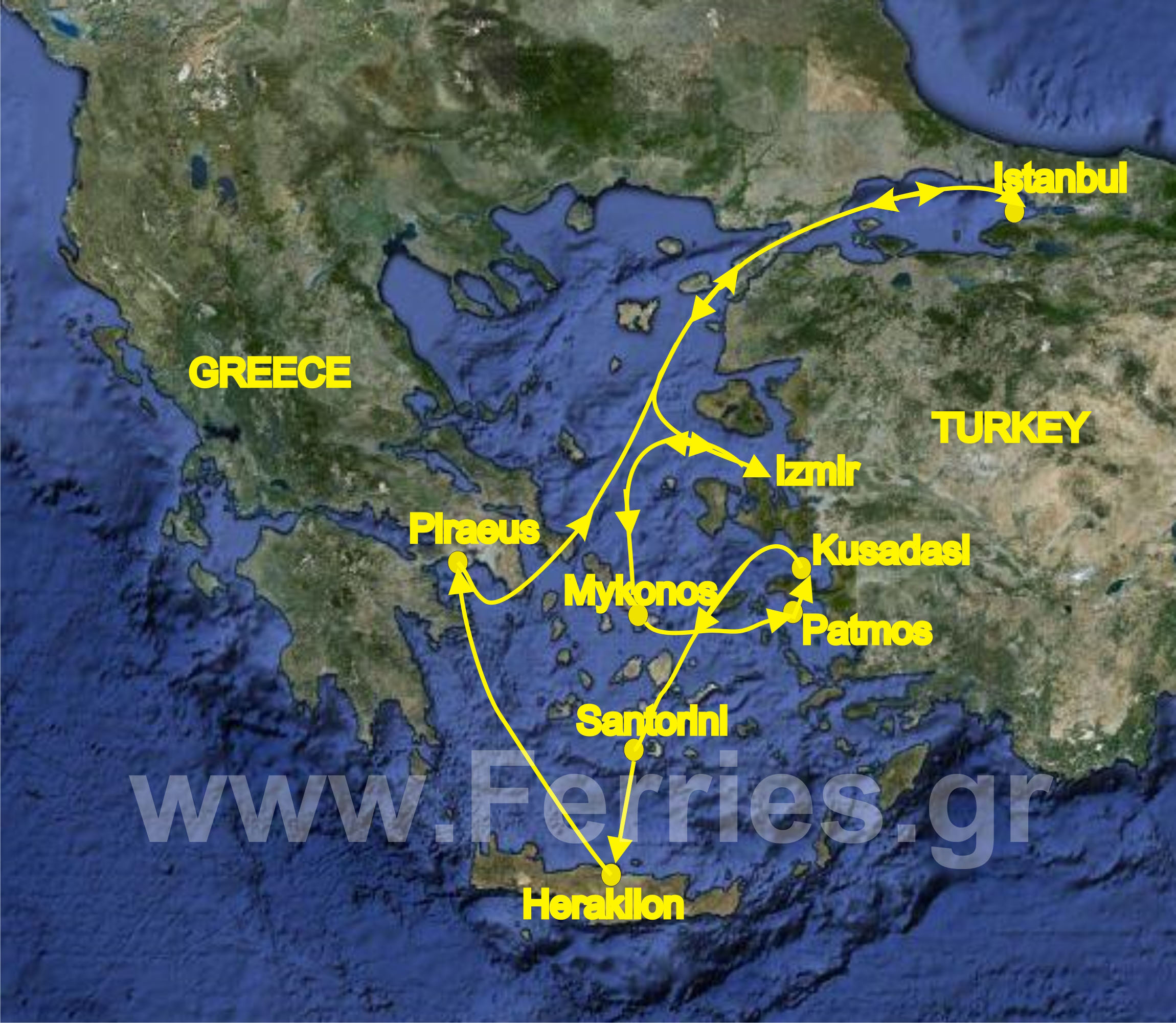 7-Day Cruise to Aegean islands and Turkey. From Piraeus (Athens) Greece to Istanbul (Turkey),�Ismir (Turkey), Mykonos (Greece), Patmos (Greece),�Kusadasi (Ephessos) Turkey,  Rhodes (Greece),�Heraklion (Crete) Greece,�Santorini (Greece),�Piraeus (Athens).