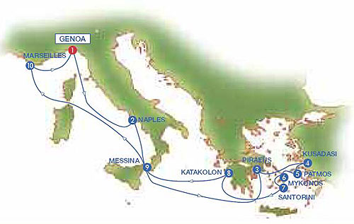 10-Day Cruise to Mediterranean, Greek Islands & Turkey. From Genoa (Italy), Naples (Italy), Piraeus (Greece), Kusadasi (Turkey), Patmos (Greece), Mykonos (Greece), Santorini (Greece), Katakolon / Olympia (Greece), Messina (Italy), Marseilles (France), Genoa (Italy).
