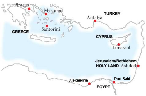 7 Days Cruise with Mediterranean Cruises from Piraeus (Athens) Greece to Alexandria (Egypt),  Port Said (Cairo, Egypt), Mon. Ashdod Jerusalem/Bethlehem (Holy Land), Limassol (Cyprus), Antalya (Turkey), Santorini (Greece), Mykonos (Greece), Piraeus (Athens).